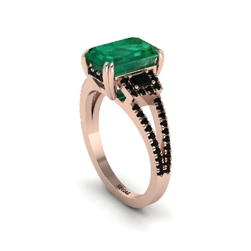 trendy ladies engagement rings with colored stones-Split Shank Emerald Cut Emerald Designer Engagement Ring - Ursula No. 35