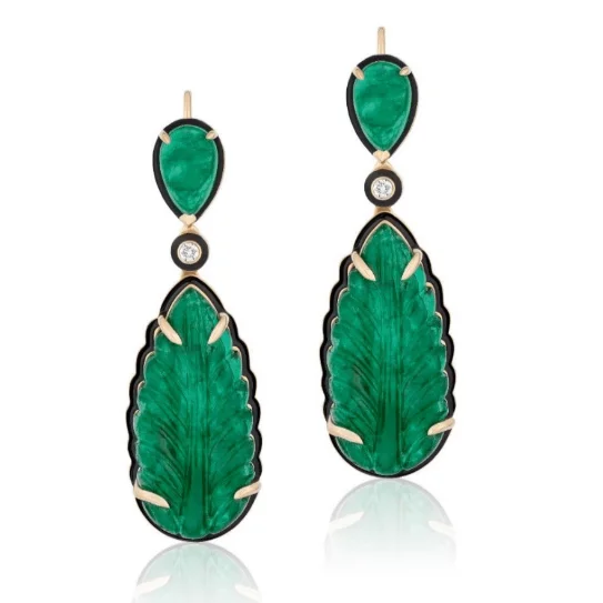 ladies silver hoop earrings-G-One Carved Emerald Leaf Earrings