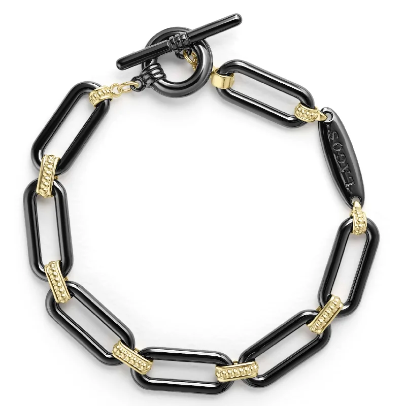 ladies fashionable bracelets-Signature Caviar 18K Gold and Black Ceramic Link Bracelet | 9mm