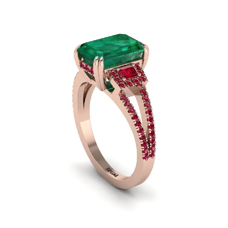 gold ladies engagement rings-Split Shank Emerald Cut Emerald Designer Engagement Ring - Ursula No. 50