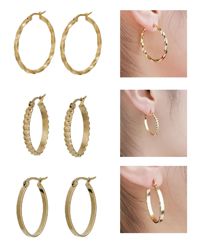 ladies gold gemstone earrings-Sexy Sparkles 3 Pairs Stainless Steel Hoop Earrings Set for Women