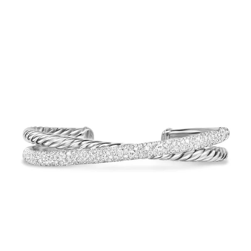 ladies gemstone bracelets-Crossover Two Row Cuff Bracelet in Sterling Silver with Diamonds\, 11mm