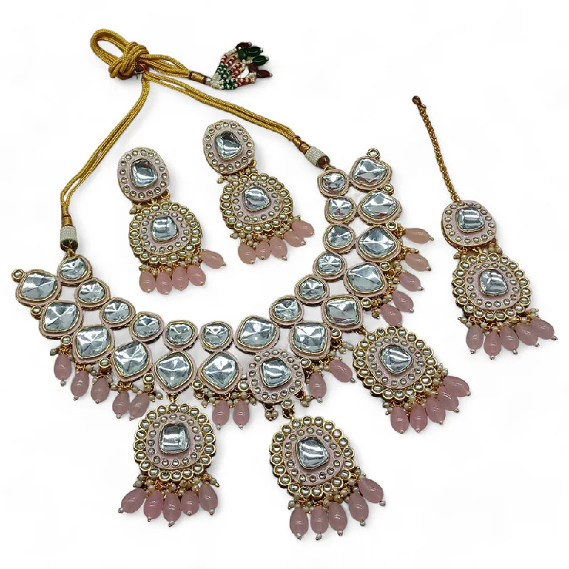 ladies everyday necklaces-Gehana Mahal Gold Plated Kundan Crystal Stone And Beads Necklace Set