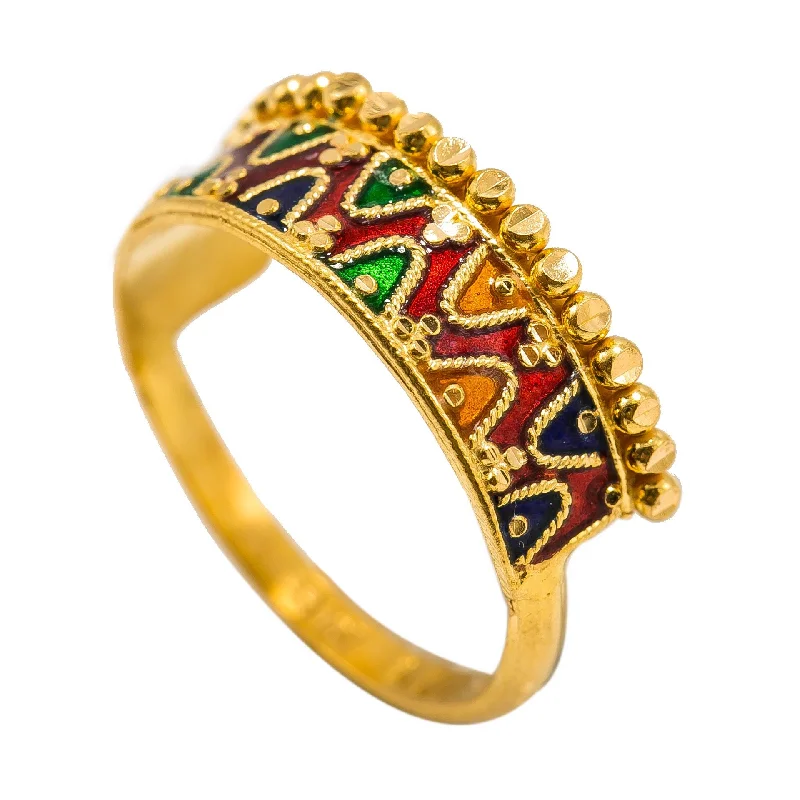 ladies casual rings-22K Yellow Gold Enamel Ring W/ Double Curve Details