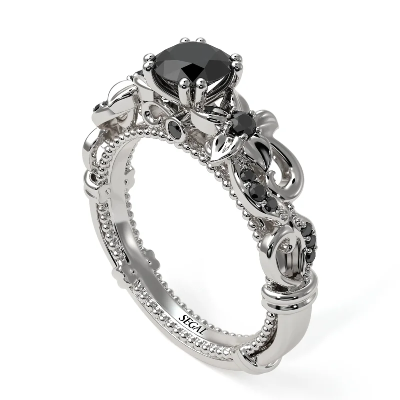 platinum engagement rings for ladies-Vintage Flower Openwork Gold Black Diamond Engagement Ring - Ann No. 39