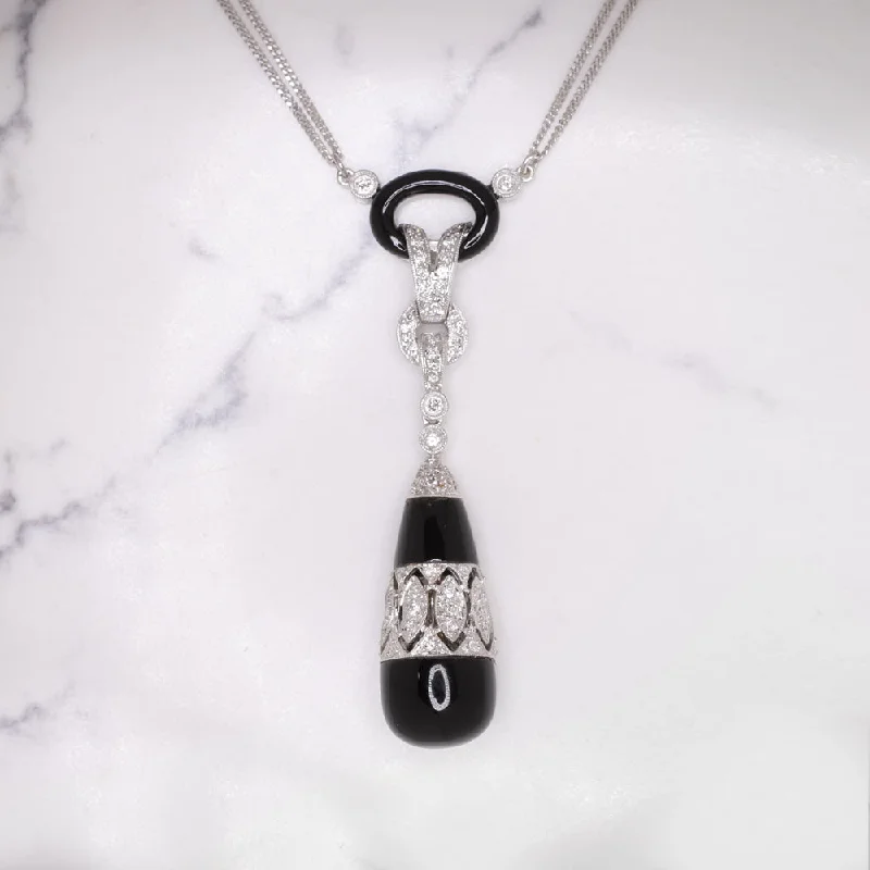 ladies chunky necklaces-VINTAGE DIAMOND BLACK ONYX NECKLACE DROP PENDANT TEARDROP NATURAL 14k WHITE GOLD