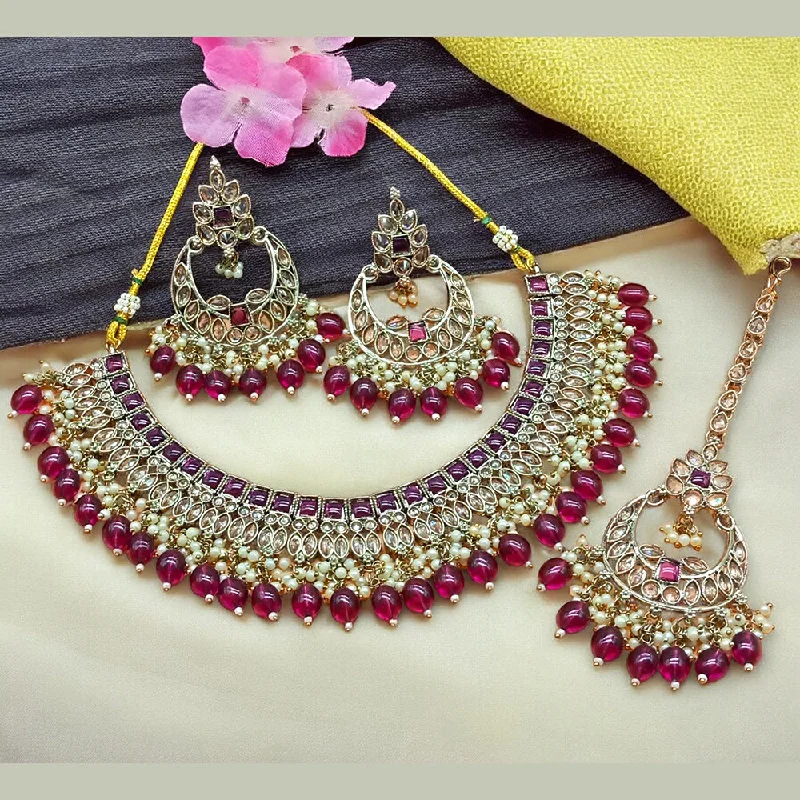 ladies chunky gold necklaces-Gehana Mahal Gold Plated Crystal Stone Pearl And Beads Necklace Set