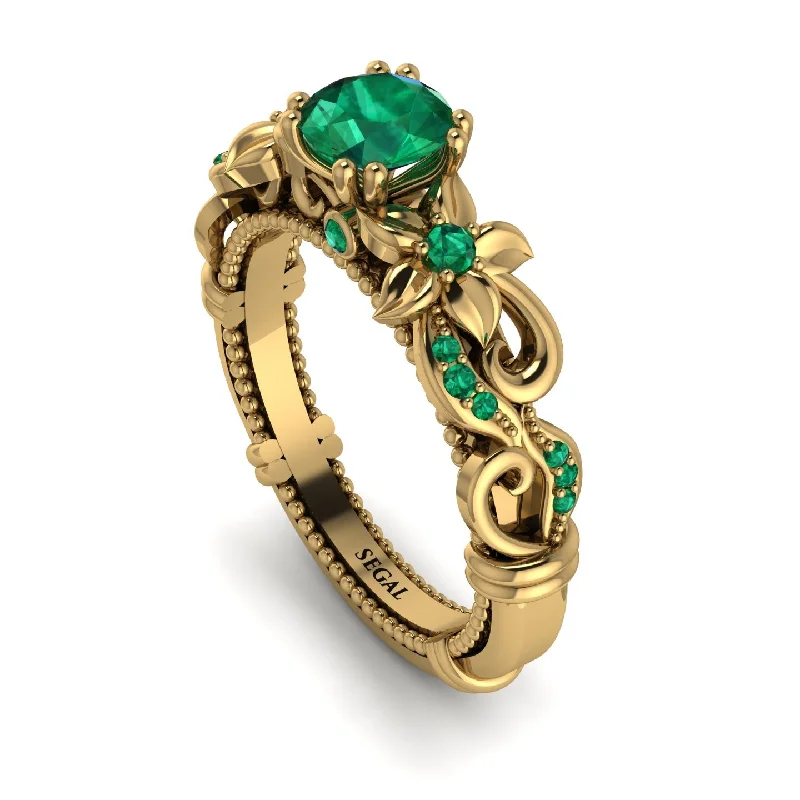 heart-shaped ladies engagement rings-Vintage Flower Openwork Gold Emerald Engagement Ring - Ann No. 19