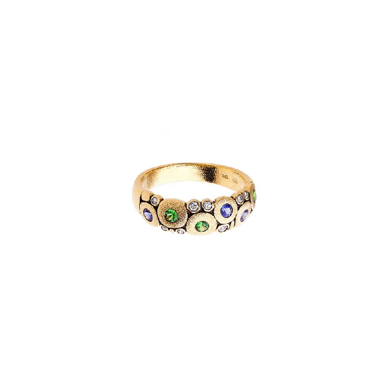 ladies contemporary rings-18 Karat Yellow Gold Candy ring with Tsavorites, Blue Sapphires and Diamonds