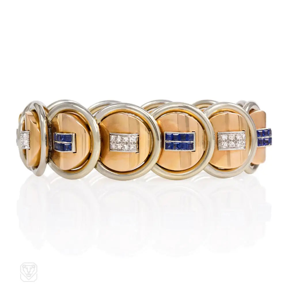 ladies elegant charm bangles-Retro gold, sapphire and diamond disk bracelet