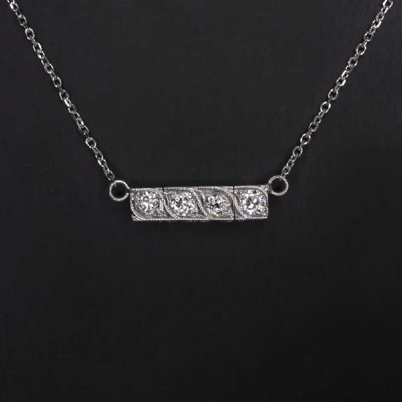 ladies lockets necklaces-VINTAGE DIAMOND BAR PENDANT NECKLACE OLD EUROPEAN CUT NATURAL 14k WHITE GOLD