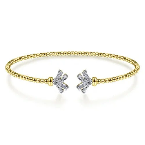 ladies cuff bangles-14K Yellow Gold Bujukan Split Cuff Bracelet with Diamond Pave Fan Caps