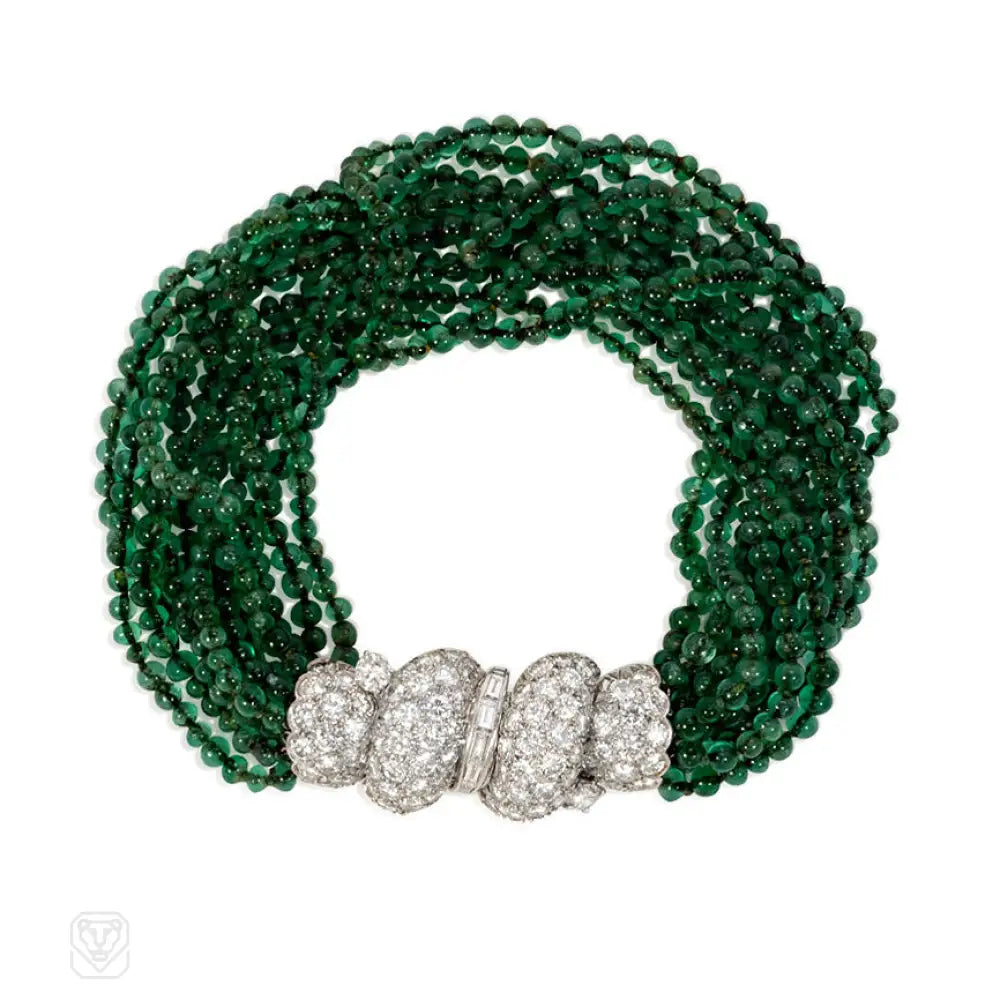 ladies bridal bangles-Art Deco diamond and emerald torsade bracelet