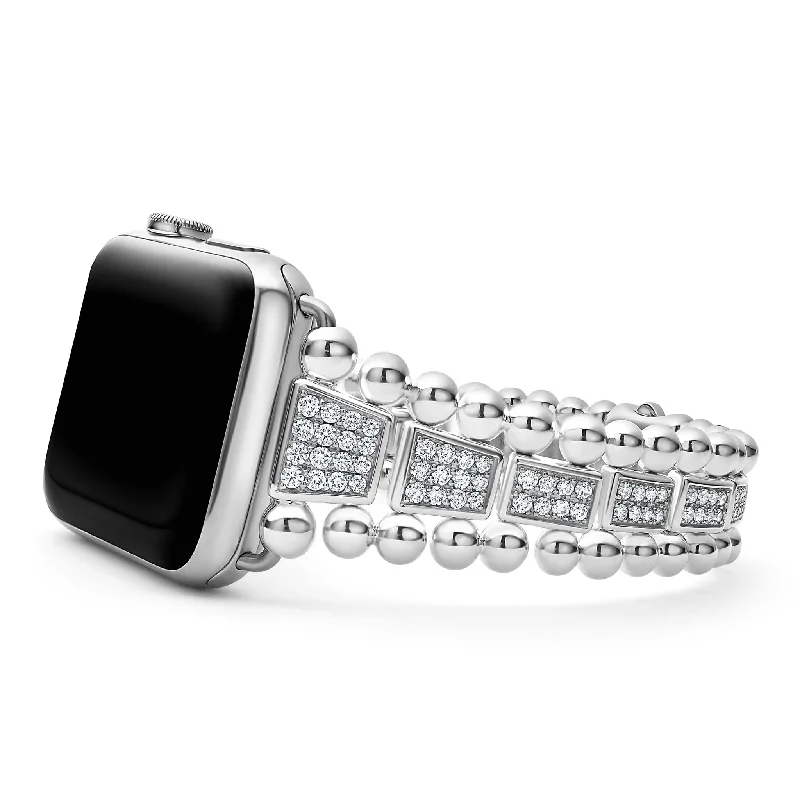 ladies wide bangles-Smart Caviar Sterling Silver Full Diamond Watch Bracelet-42-49mm