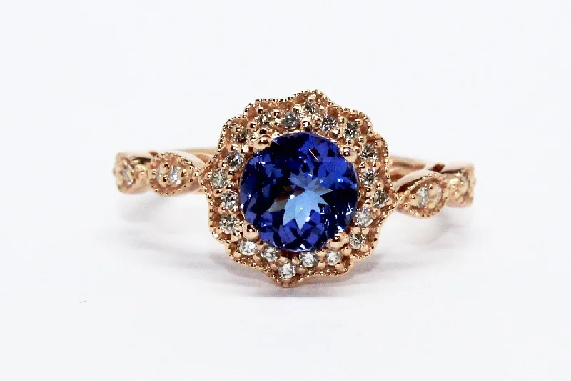 ladies personalized rings-TANZANITE AND DIAMOND MILGRAIN HALO RING AD NO.1605