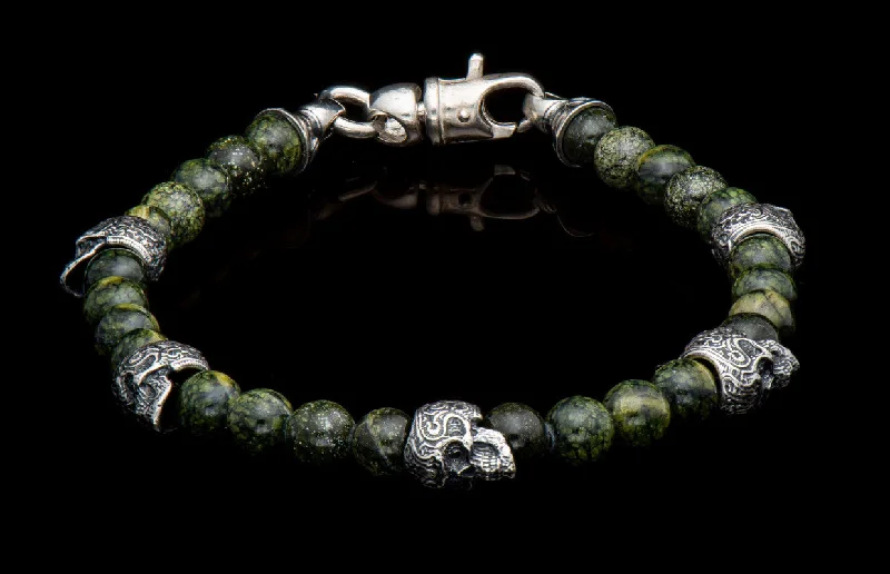 ladies trendy gold bangles-Spanish Moss Beaded bracelet with Sterling silver and green serpentine