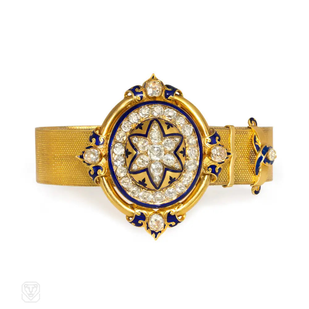 ladies boho bangles-Antique gold, diamond, and enamel jarretière bracelet