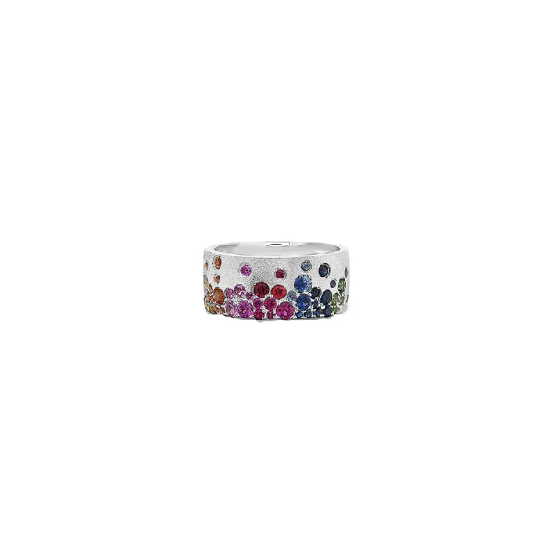 ladies gold plated rings-14 Karat White Gold Rainbow Flush Set Cigar Band with Multi Colored Sapphires and Tsavorite