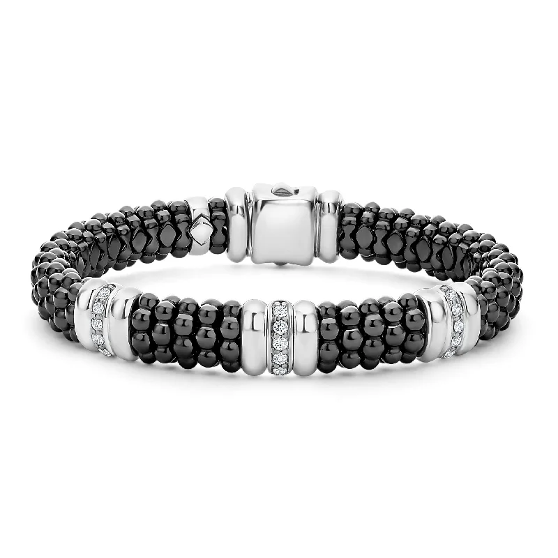 ladies designer bangles-Black Caviar Three Station Ceramic Diamond Bracelet | 9mm