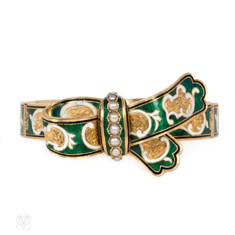 ladies elegant charm bangles-Antique green and white enamel bracelet, France.