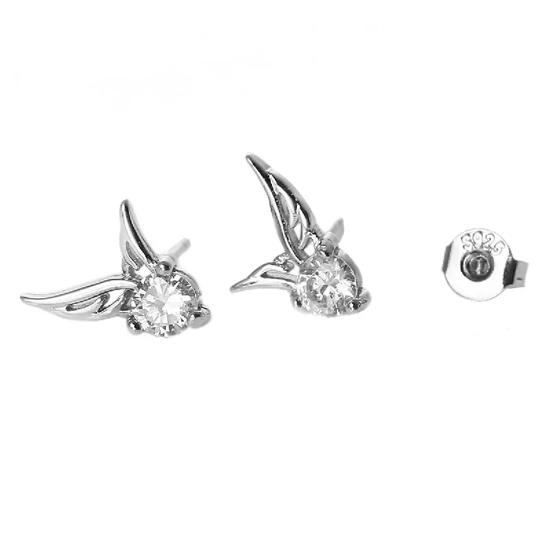 ladies crystal stud earrings-Ear Stud Earrings Angel Wing with Clear Rhinestone