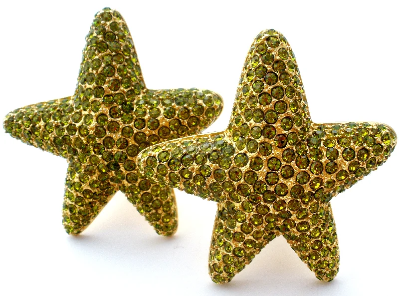 ladies luxurious stud earrings-Peridot Green Rhinestone Starfish Earrings by Guy Laroche