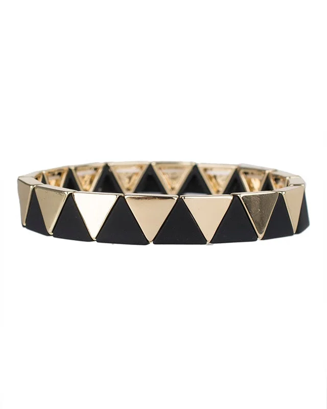 ladies black bracelets-Black and Gold Triangle Pattern Stretch Bracelets