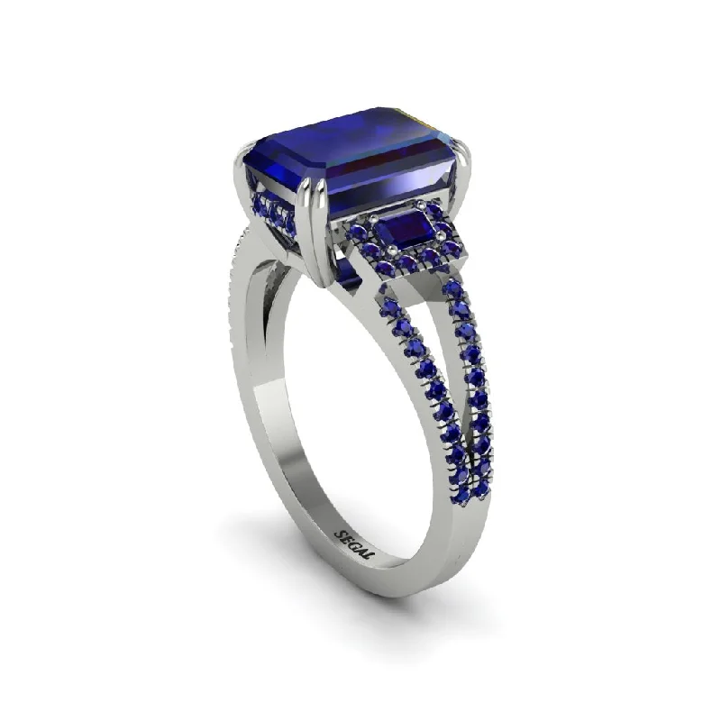 silver ladies engagement rings with diamonds-Split Shank Emerald Cut Sapphire Designer Engagement Ring - Ursula No. 75