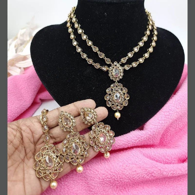 ladies chunky chain necklaces-JCM Gold Plated Crystal Stone And Pearls Necklace Set