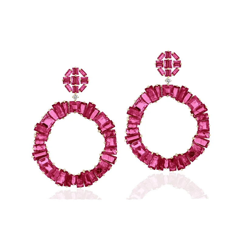 ladies luxury diamond earrings-Ruby Emerald-Cut Hoop Earrings