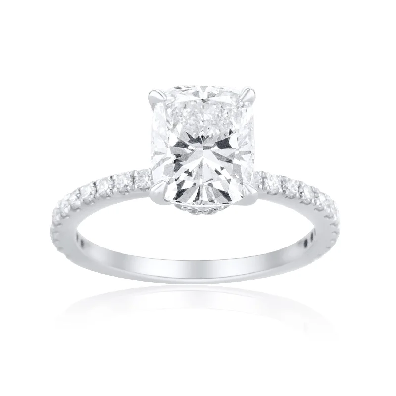 ladies bold rings-2.01 Carat Lab Grown Cushion Cut Diamond and 0.33 Carat Natural Diamond Underhalo Ring set in 14K White Gold