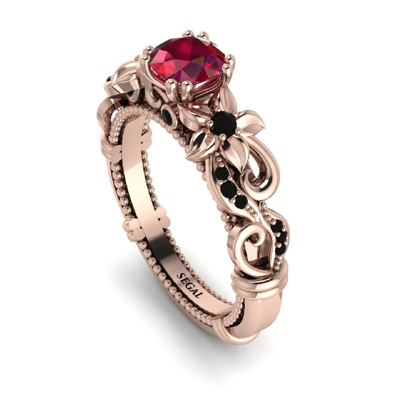 one-of-a-kind ladies engagement rings-Vintage Flower Openwork Gold Ruby Engagement Ring - Ann No. 41