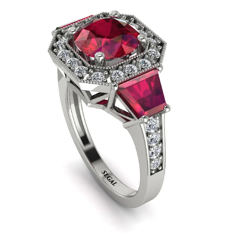 gold ladies engagement rings-Modern Halo Princess Cut Ruby Stone Engagement Ring - Doris No. 12