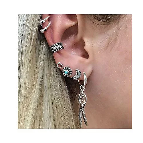 ladies silver drop earrings-Sexy Sparkles Cuff Earrings Set Ear Crawler Earring Climber Stud Ear Wrap Pin Vine Tribal Charm Vintage Clip On Jewelry