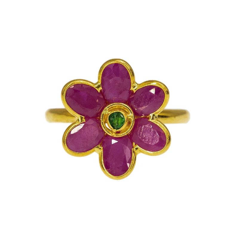 ladies bridal rings-22K Yellow Gold Flower Ring W/ Rubies & Emeralds, 3.4 Grams