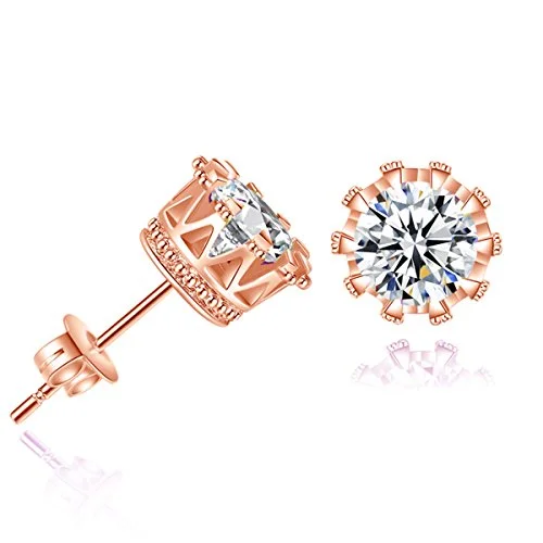 ladies summer earrings-Sexy Sparkles Copper Ear Stud Earrings Cubic Zirconia Inlaid Crown 9mm Rose Gold Tone