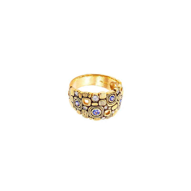 ladies luxury engagement rings-18 Karat Yellow Gold Little Window Dome candy ring with Sapphires and Diamonds