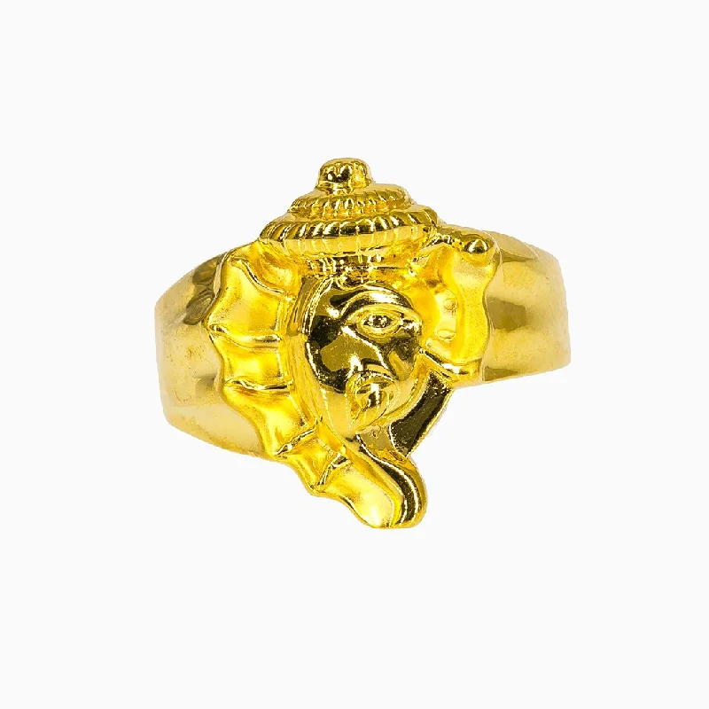 ladies wedding band rings-22K Yellow Gold Ganesh Ring For Men W/ Asymmetrical Design