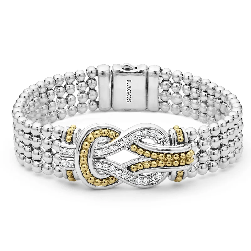 ladies engraved bracelets-Newport Two-Tone Knot Diamond Statement Bracelet