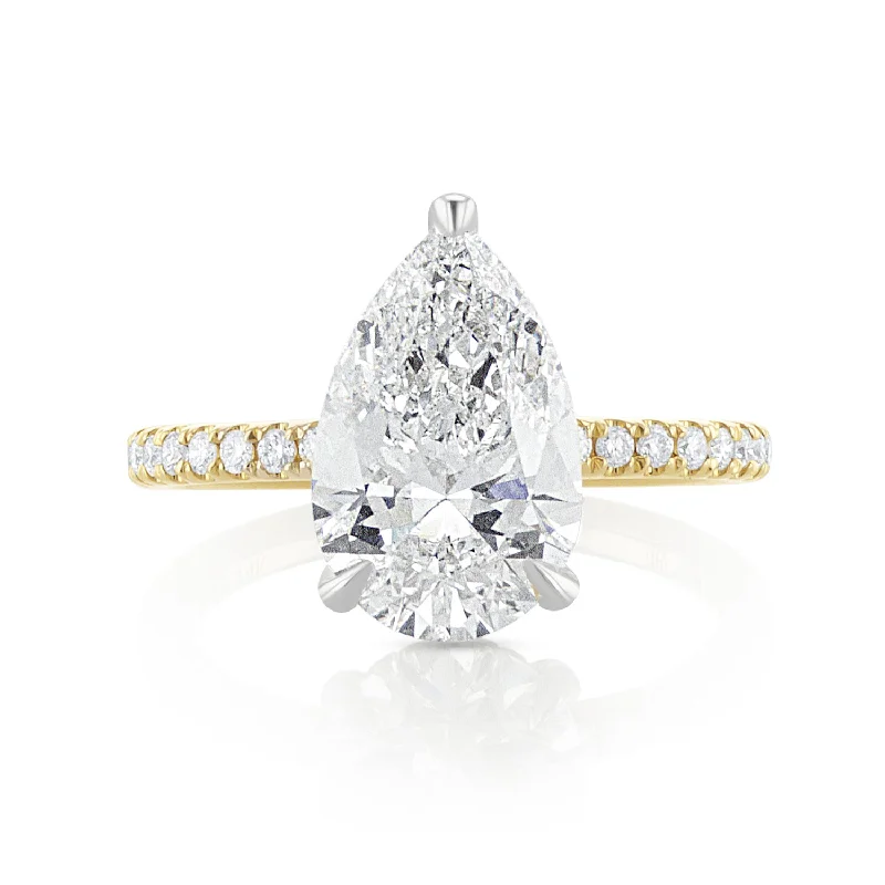 ladies cocktail rings-3.05 Carat Pear Lab Grown And Natural Diamond Under-halo Ring In 14k White Gold