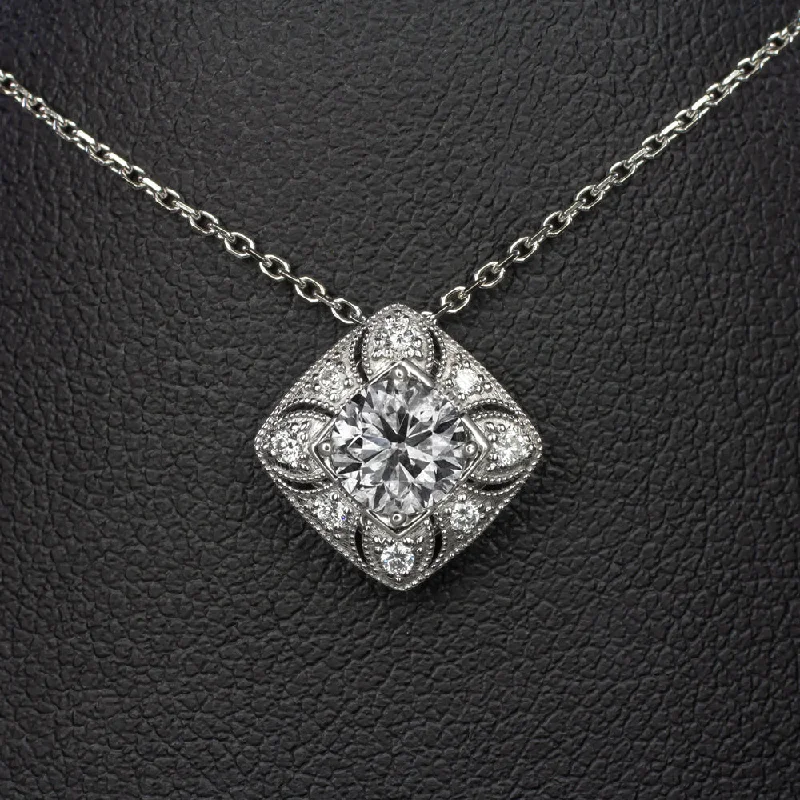 ladies delicate necklaces-VINTAGE STYLE DIAMOND PENDANT NECKLACE 3/4ct 14K WHITE GOLD NATURAL ROUND CUT