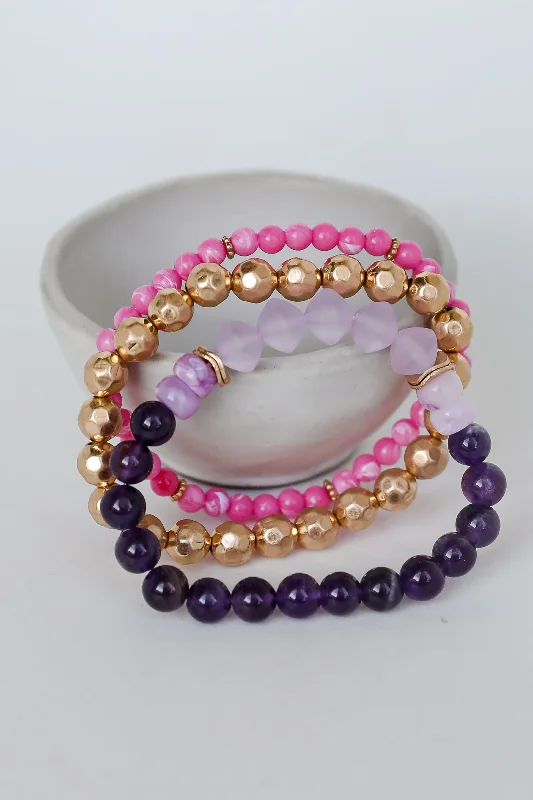 ladies heart bracelets-FINAL SALE - Eloise Purple Beaded Bracelet Set