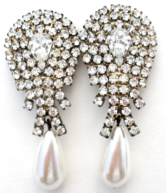 ladies ear cuff earrings-Vintage Pearl & Clear Rhinestone Earrings