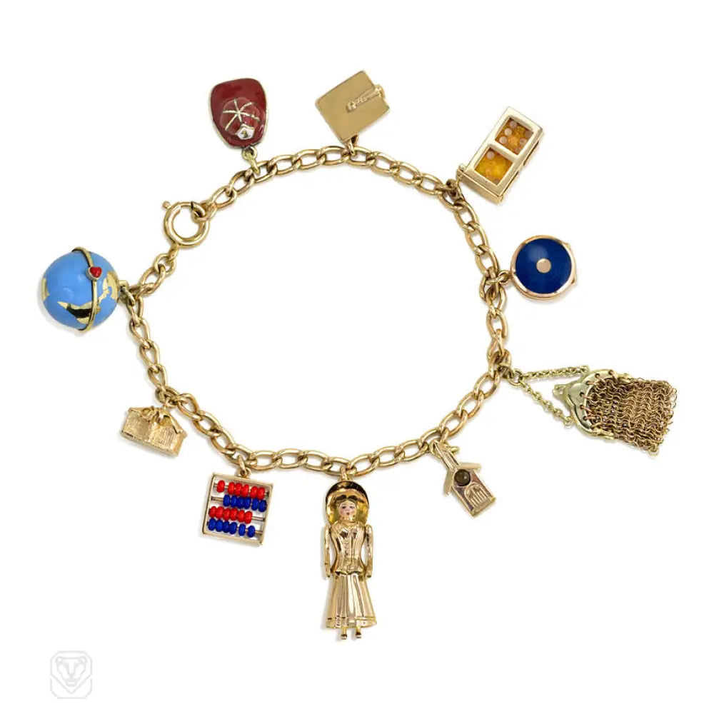 ladies bohemian bracelets-Mid-Century gold bracelet with gold and enamel charms