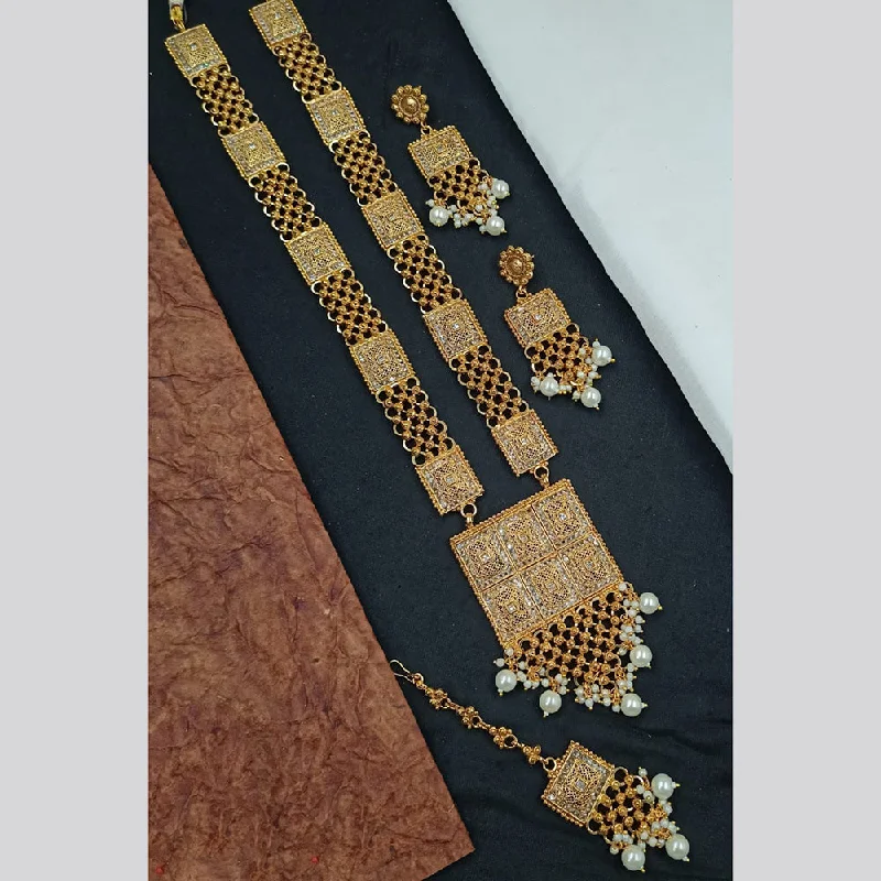 ladies fashion-forward necklaces-Padmawati Bangles Gold Plated Crystal Stone And Pearls Long Necklace Set