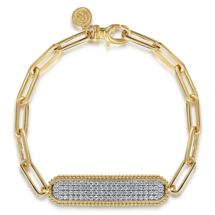 ladies pearl bracelets-14K Yellow Gold Hollow Paperclip Chain Diamond Pave ID Bracelet