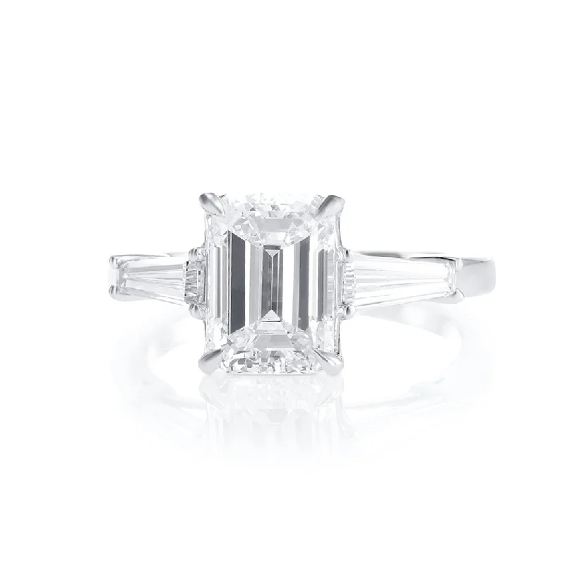 ladies silver rings-2.76 carat Emerald Cut Diamond Set in Three Stone Platinum Ring