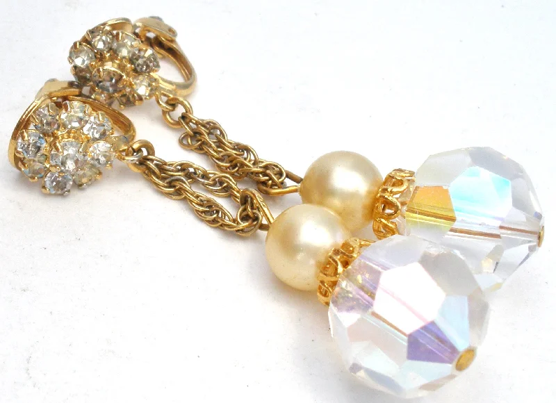 ladies elegant drop earrings-Dangle Crystal Bead & Rhinestone Earrings Vintage