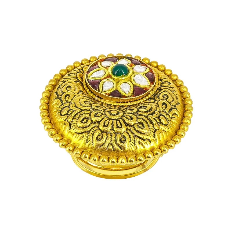 ladies minimalist rings-22K yellow antique Gold Ring with ruby and emerald stones in floral detailing