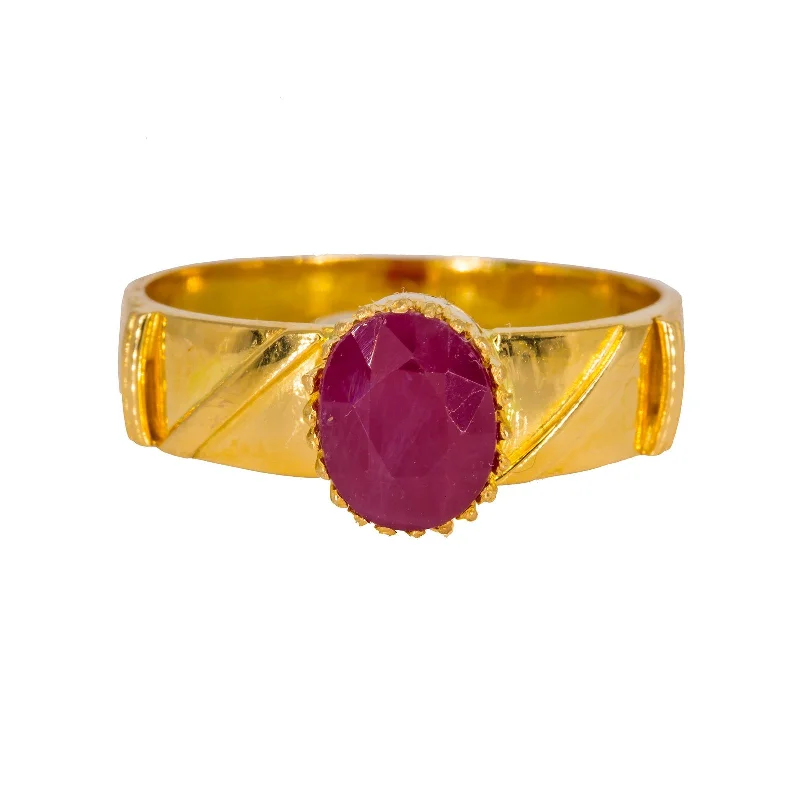 ladies unique rings-22K Yellow Gold Men's Ring W/ Ruby & Faceted Shank Details